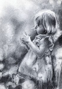 girl and dandelions. pencil drawing. summer, spring